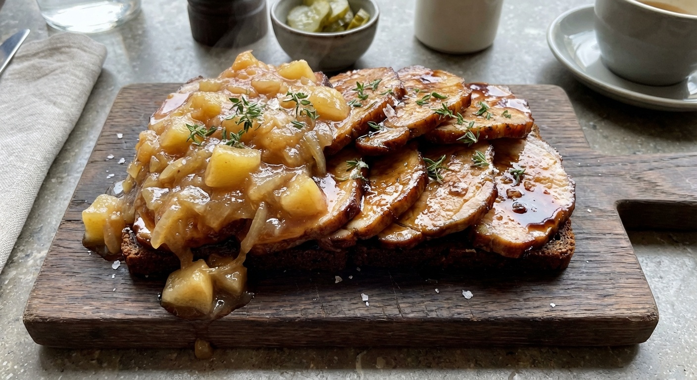 Glaceret svinekam med æblekompot og timian