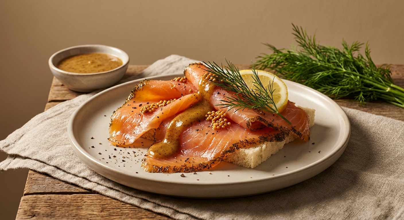 Smørrebrød med gravad laks, rævesovs og sennepsfrø