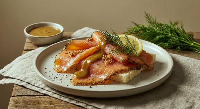 Smørrebrød med gravad laks, rævesovs og sennepsfrø