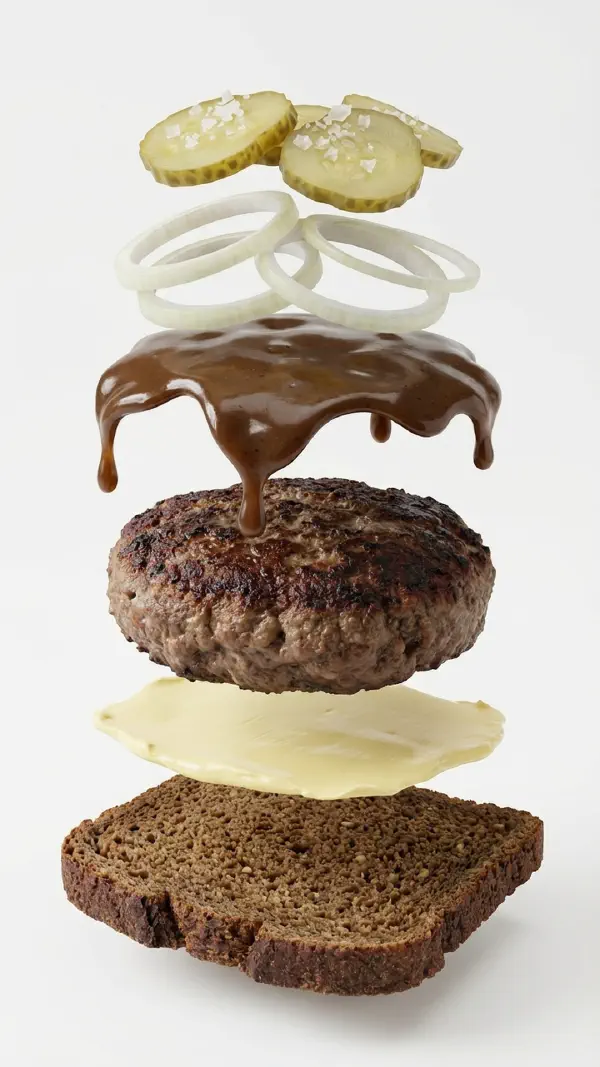 Opbygning af hakkebøf med sky og syltede agurker © kvalimad.dk