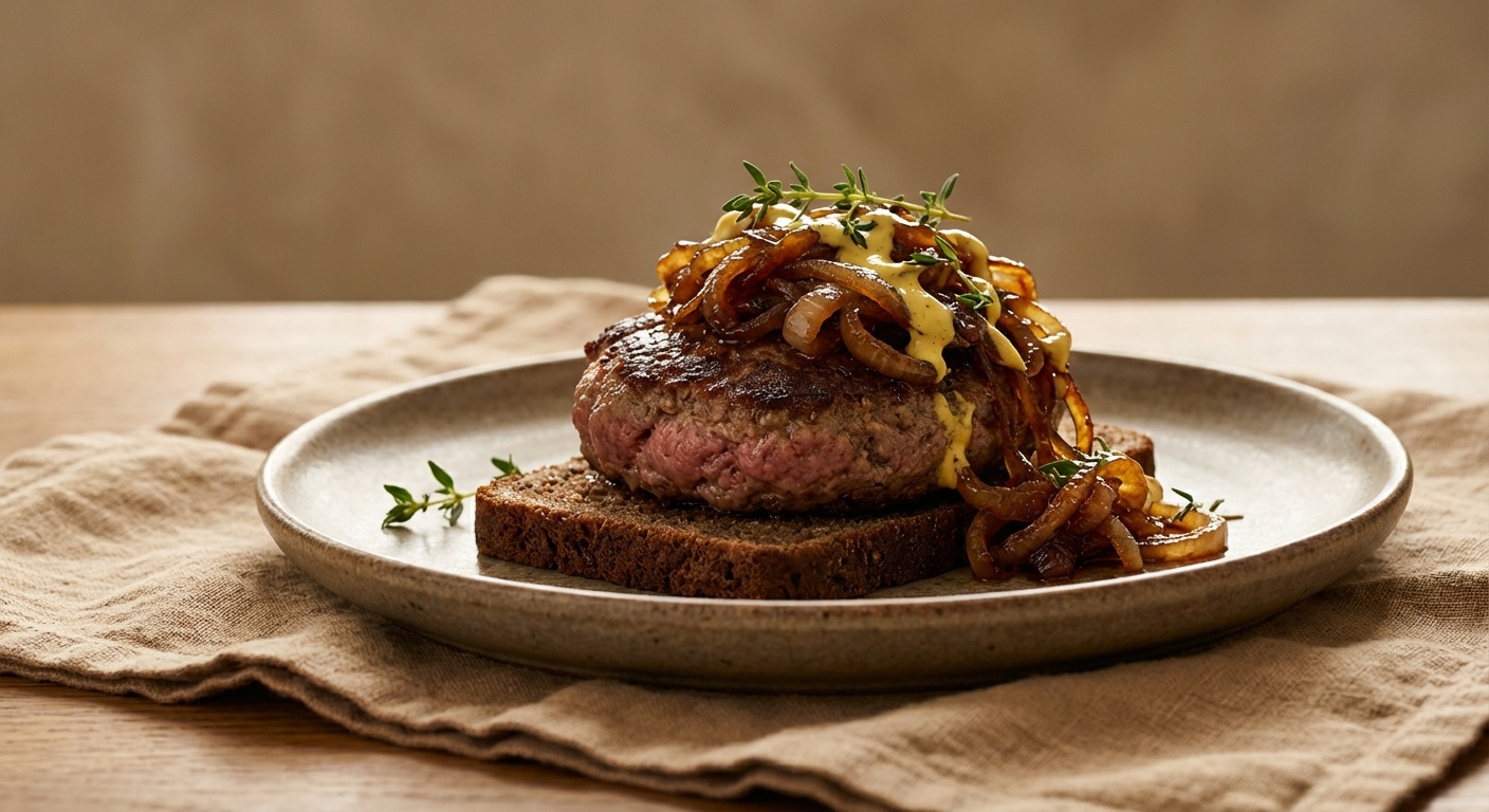 Smørrebrød med hakkebøf, bløde løg og sennepscreme
