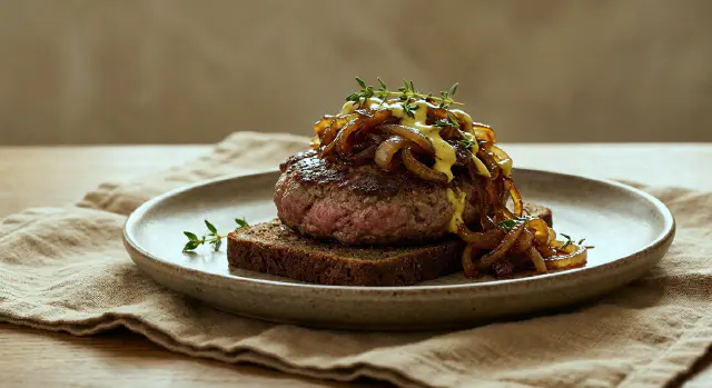 Smørrebrød med hakkebøf, bløde løg og sennepscreme