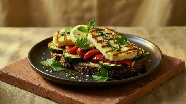Smørrebrød med halloumi, grillede grøntsager og urteolie