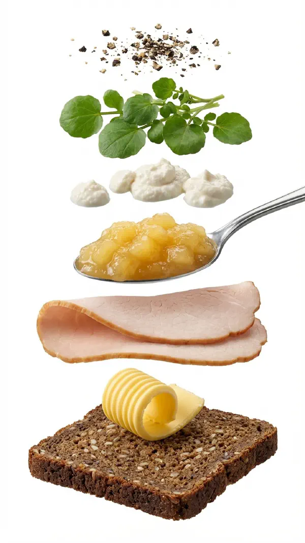 Opbygning af hamburgerryg med æblekompot og peberrodscreme © kvalimad.dk