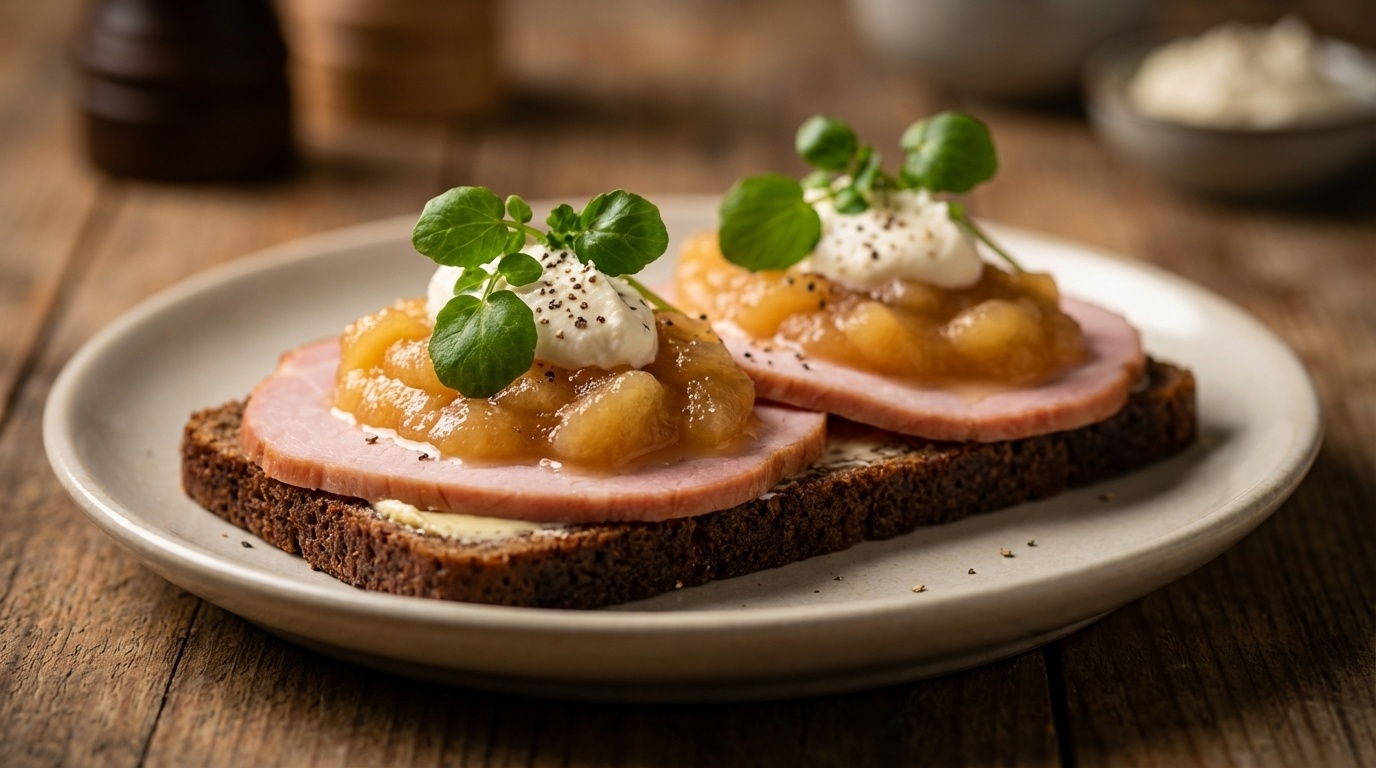 Smørrebrød med hamburgerryg, æblekompot og peberrodscreme