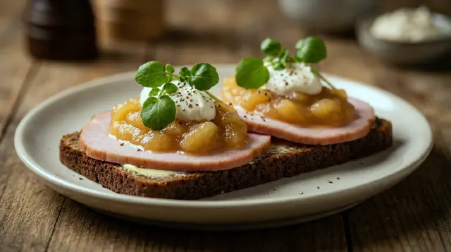 Smørrebrød med hamburgerryg, æblekompot og peberrodscreme