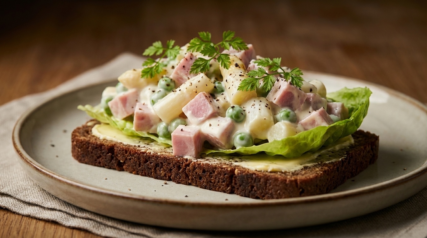 Smørrebrød med hjemmelavet skinkesalat, asparges og estragon