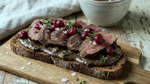 Hjortekød med svampecreme og tranebær