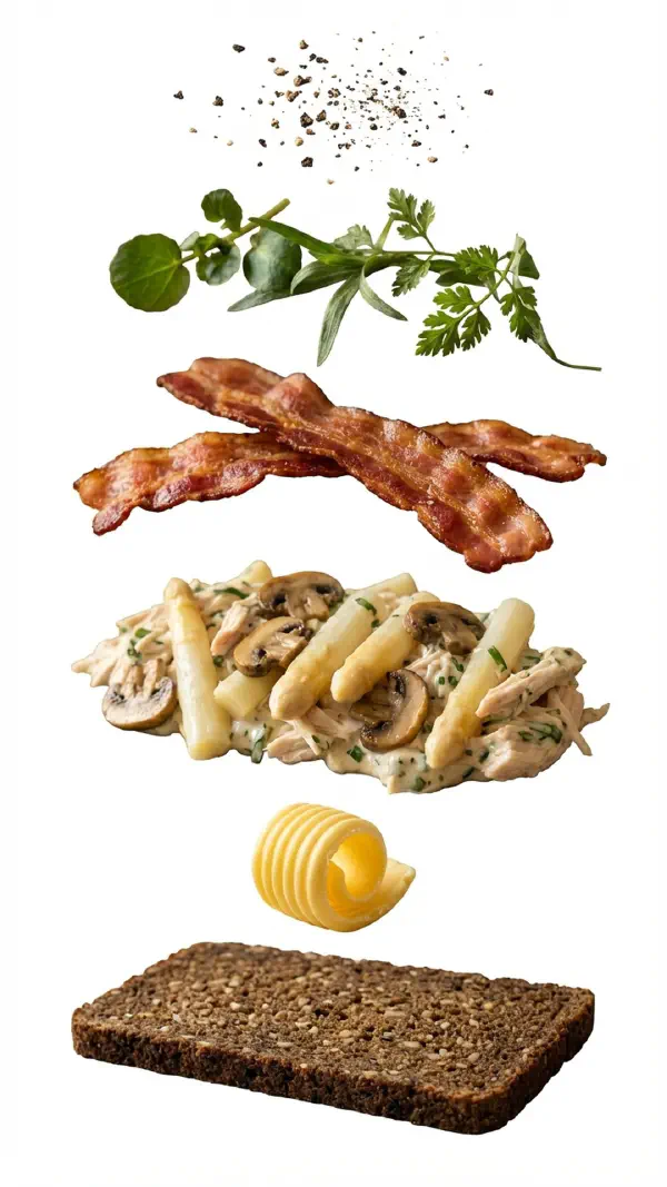 Opbygning af hønsesalat med asparges, champignon og estragon © kvalimad.dk