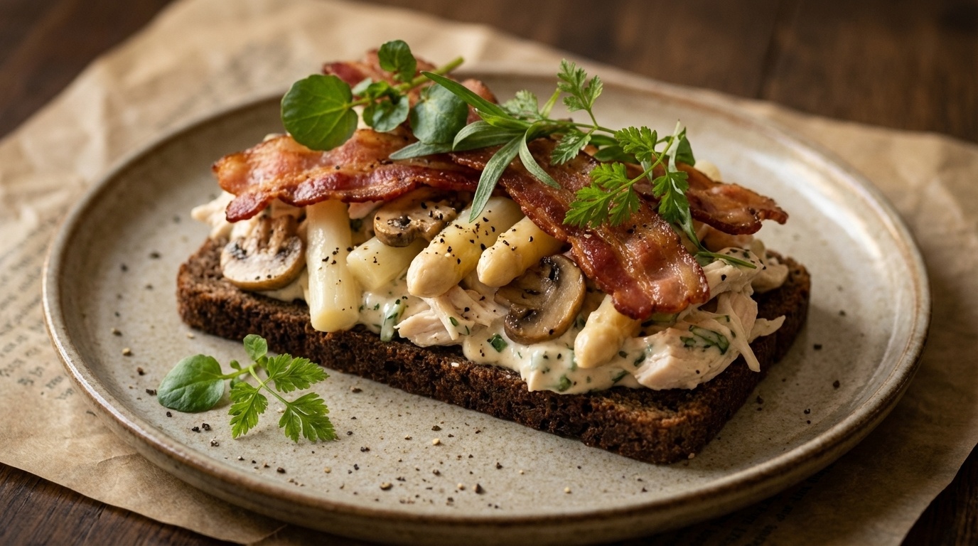 Smørrebrød med hønsesalat, asparges, champignon og estragon