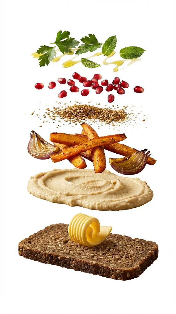 Opbygning af hummus med ristede grøntsager og dukkah © kvalimad.dk