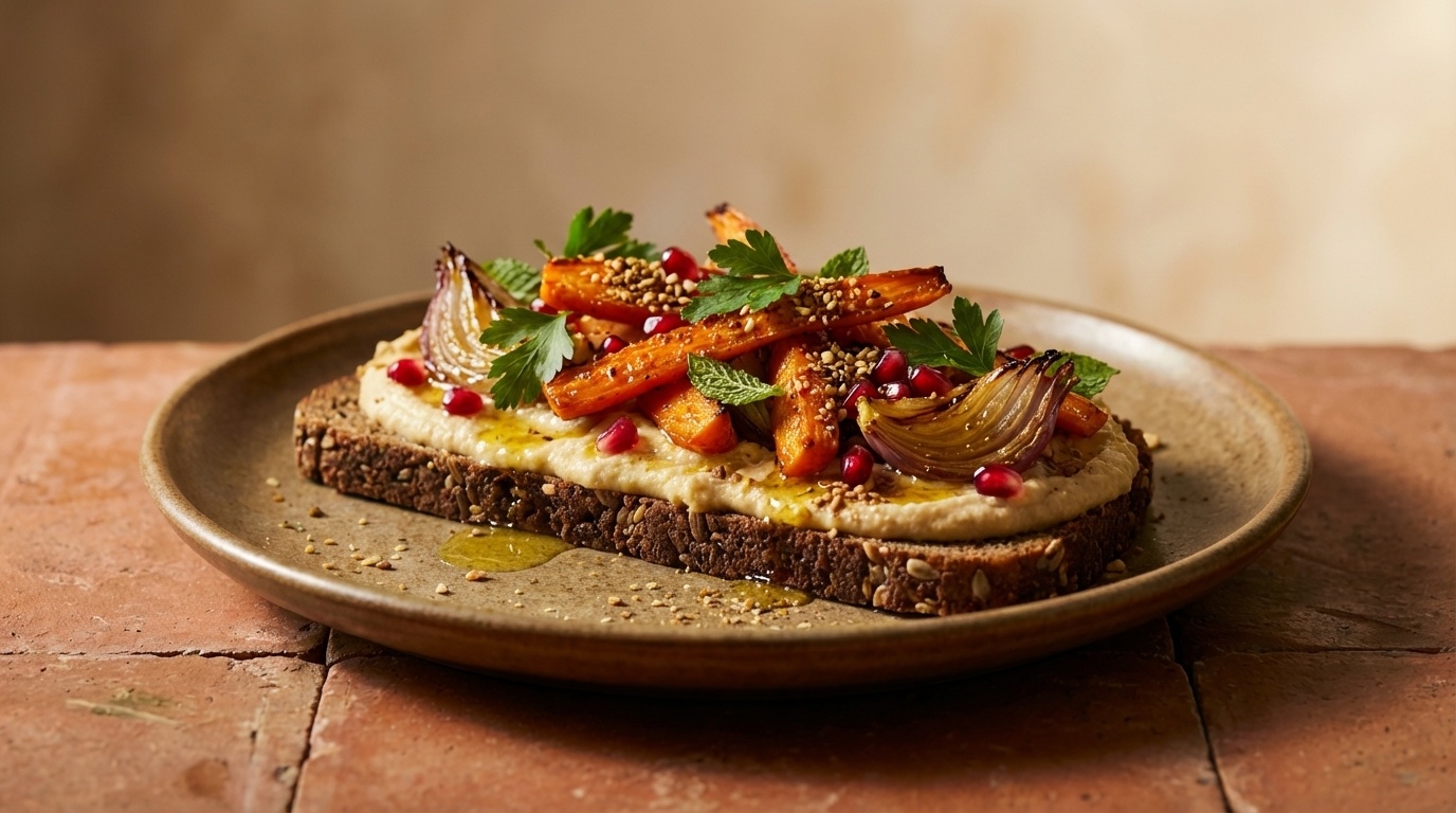 Smørrebrød med hummus, ristede grøntsager og dukkah