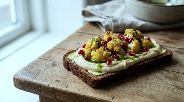 Hummus med ristet blomkål og granatæble