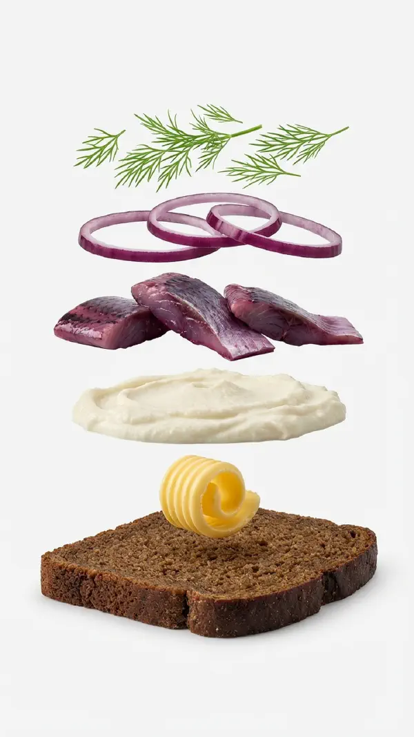 Opbygning af hyldebærssild med peberrodscreme © kvalimad.dk