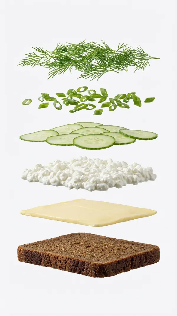 Opbygning af hytteost med agurk og dild © kvalimad.dk