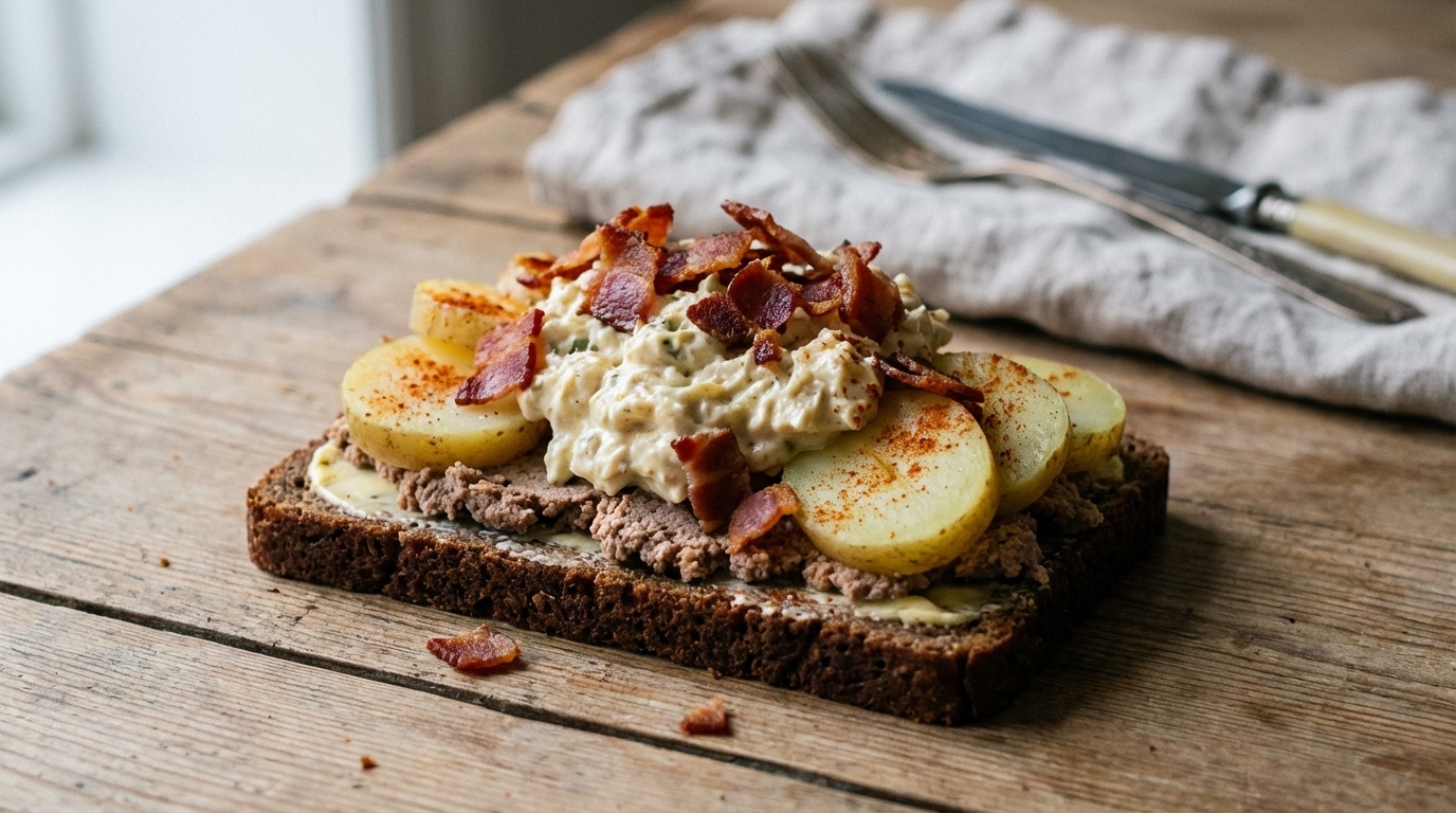 Jomfruens natmad med hønsesalat og bacon