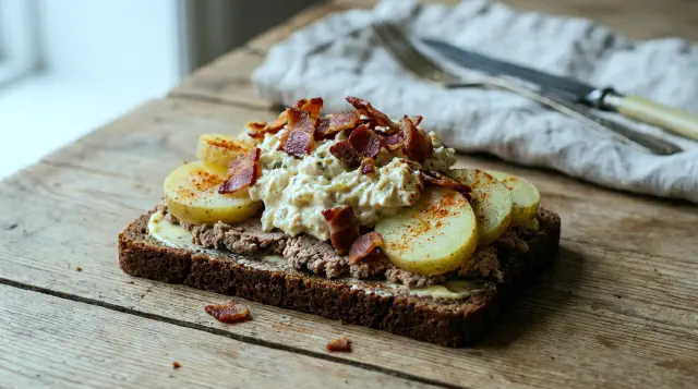Jomfruens natmad med hønsesalat og bacon