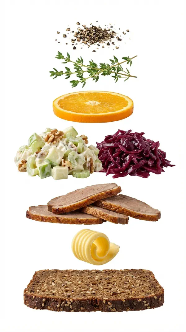 Opbygning af julefrokost-andesteg med waldorfsalat © kvalimad.dk