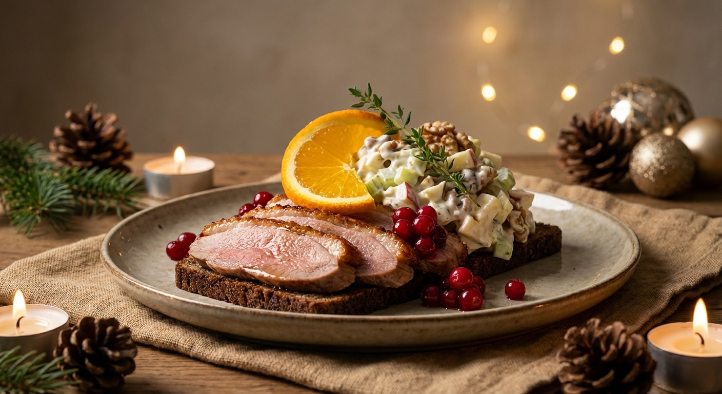 Smørrebrød med julefrokost-andesteg, waldorfsalat