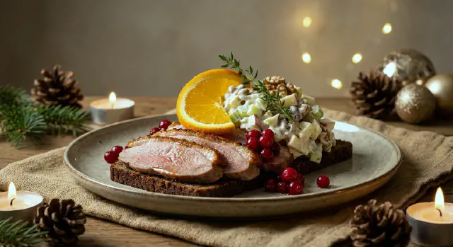 Smørrebrød med julefrokost-andesteg, waldorfsalat