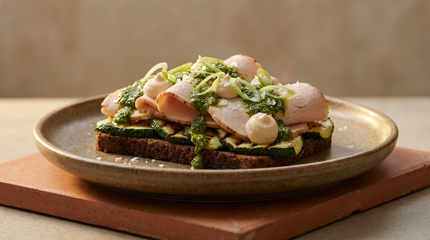 Smørrebrød med kalkunbryst, grillet squash og pesto