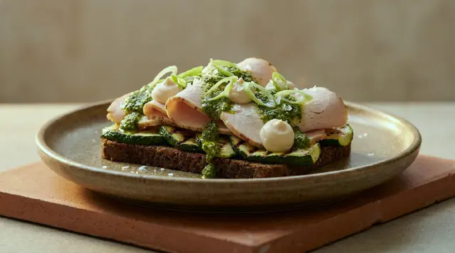 Smørrebrød med kalkunbryst, grillet squash og pesto
