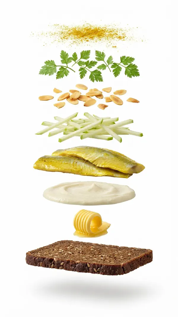 Opbygning af karrysild med blomkålscreme og ristede mandler © kvalimad.dk