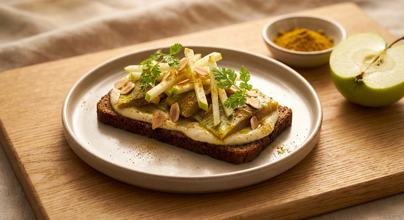 Smørrebrød med karrysild, blomkålscreme og ristede mandler