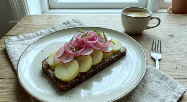 Kartoffel med syltede rødløg og radiser