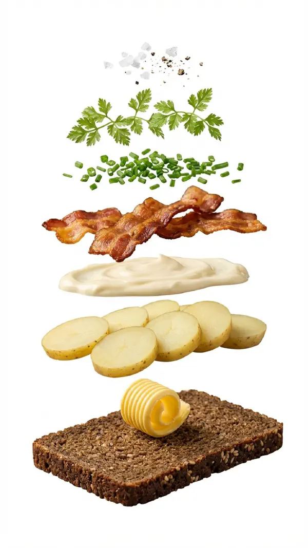 Opbygning af kartoffelmad med bacon, kørvel og fleur de sel © kvalimad.dk