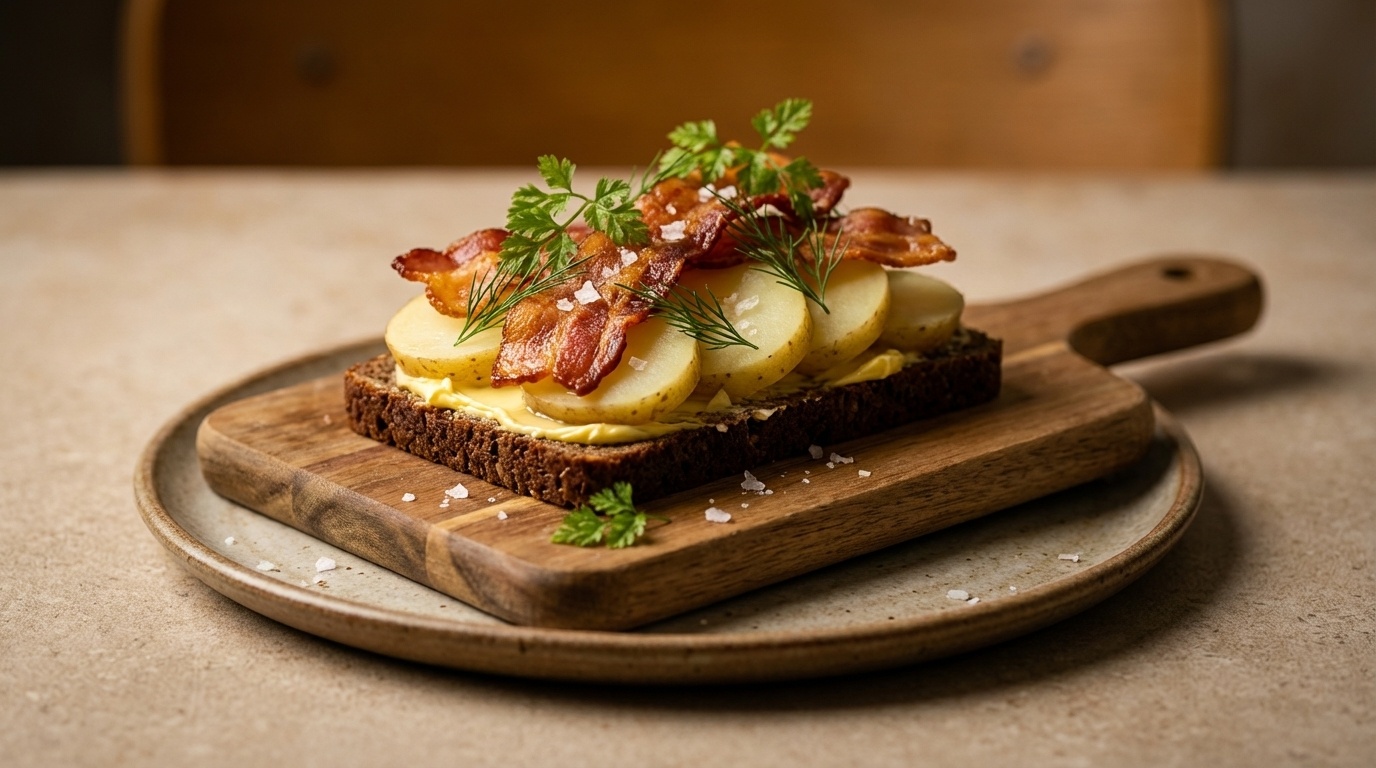 Smørrebrød med kartoffelmad, bacon, kørvel og fleur de sel