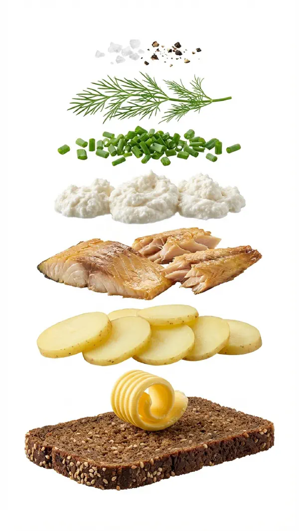 Opbygning af kartoffelmad med røget makrel og peberrodsmousse © kvalimad.dk