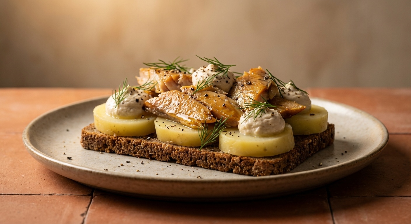 Smørrebrød med kartoffelmad, røget makrel og peberrodsmousse