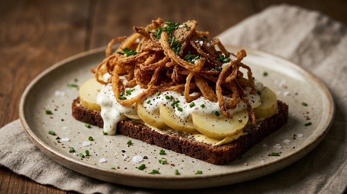 Smørrebrød med kartoffelmad, ristede løg og dildmayo