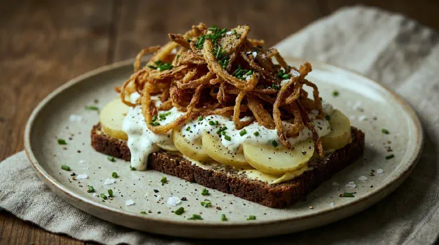 Smørrebrød med kartoffelmad, ristede løg og dildmayo