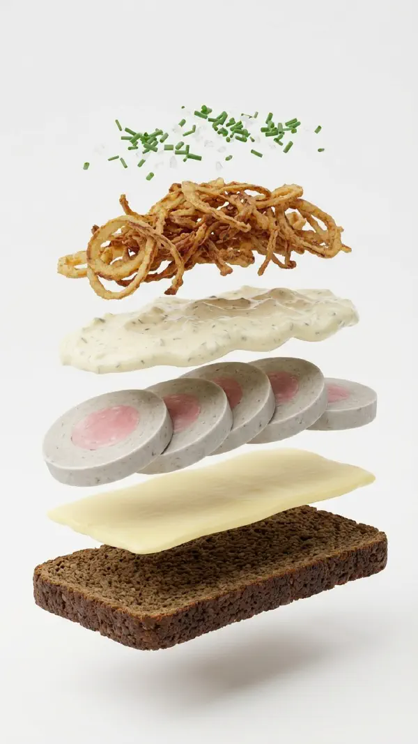 Opbygning af kødpølse med remoulade og ristede løg © kvalimad.dk