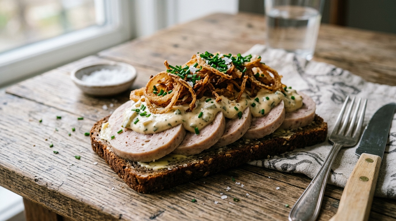 Kødpølse med remoulade og ristede løg