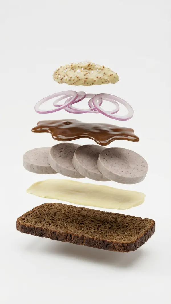 Opbygning af kødpølse med sky og sennep © kvalimad.dk