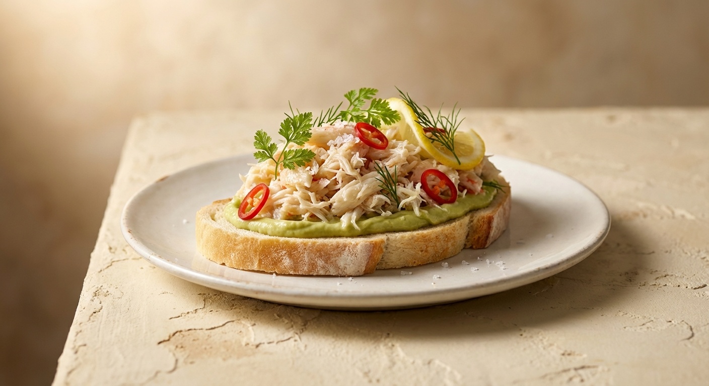 Smørrebrød med krabbesalat, avocadomousse og chili