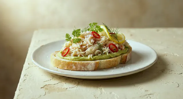 Smørrebrød med krabbesalat, avocadomousse og chili