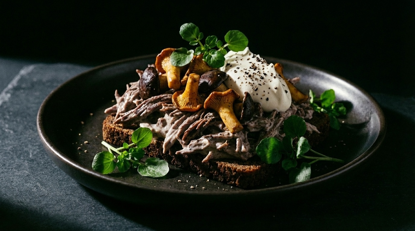 Smørrebrød med krondyrsalat, syltede svampe og enebærcreme