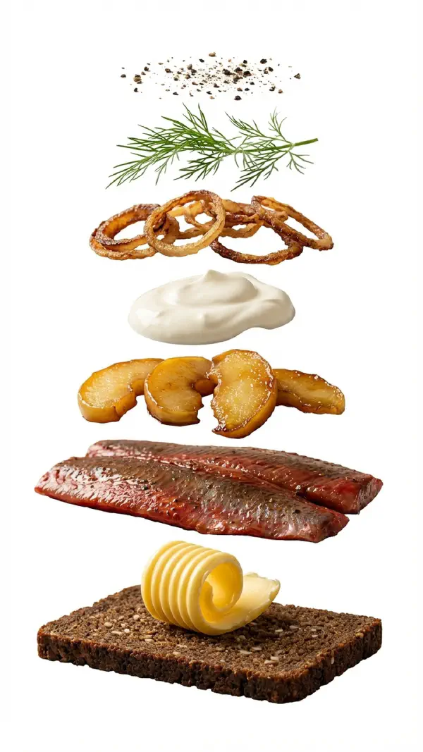 Opbygning af kryddersild med sprødt løg og karamelliseret æble © kvalimad.dk