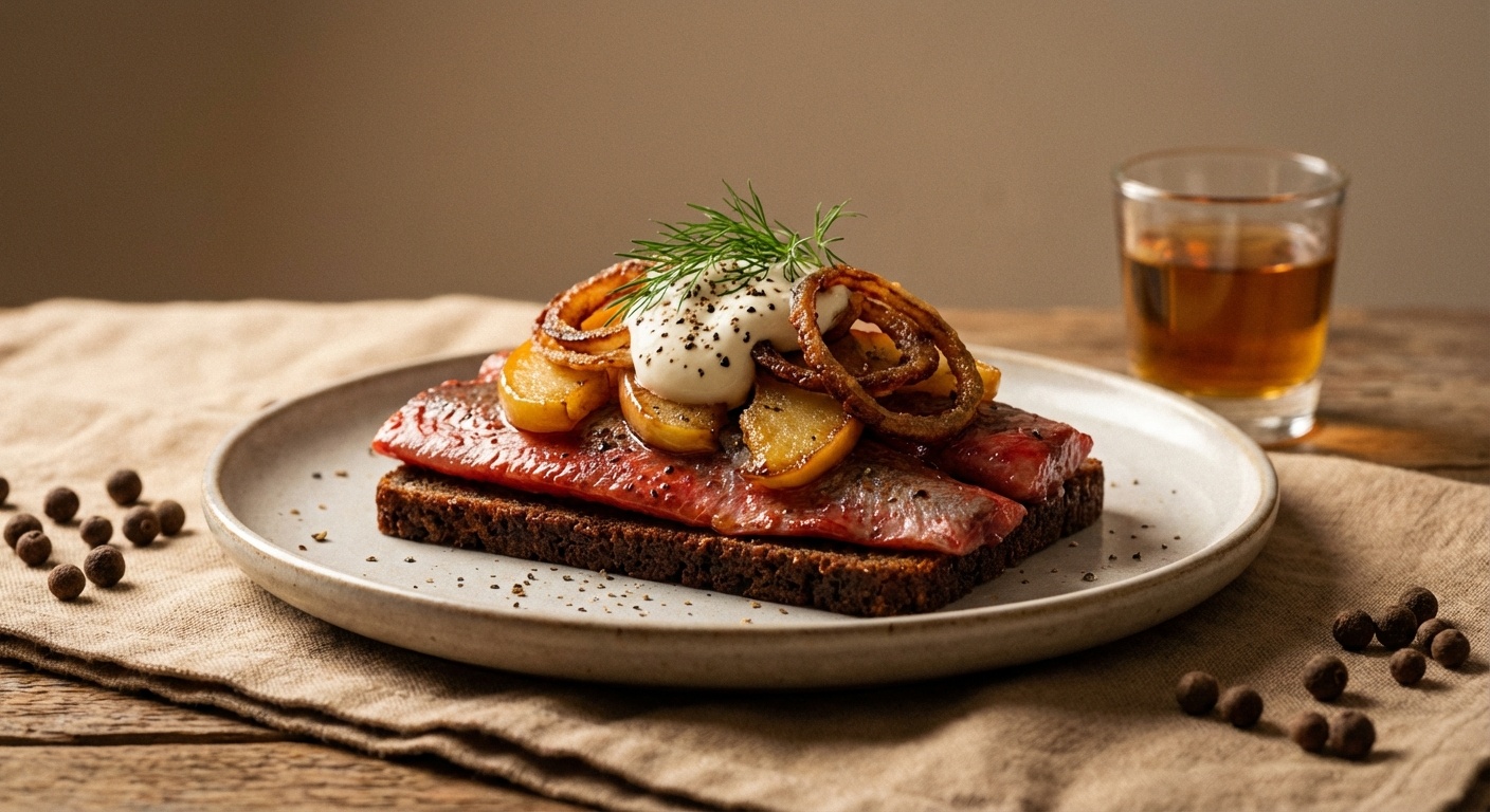 Smørrebrød med kryddersild, sprødt løg og karamelliseret æble