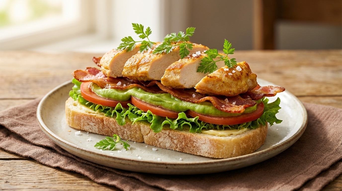 Smørrebrød med kylling, bacon og avocadocreme