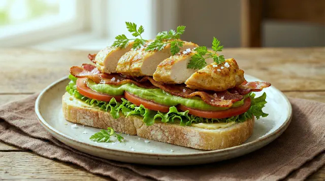 Smørrebrød med kylling, bacon og avocadocreme