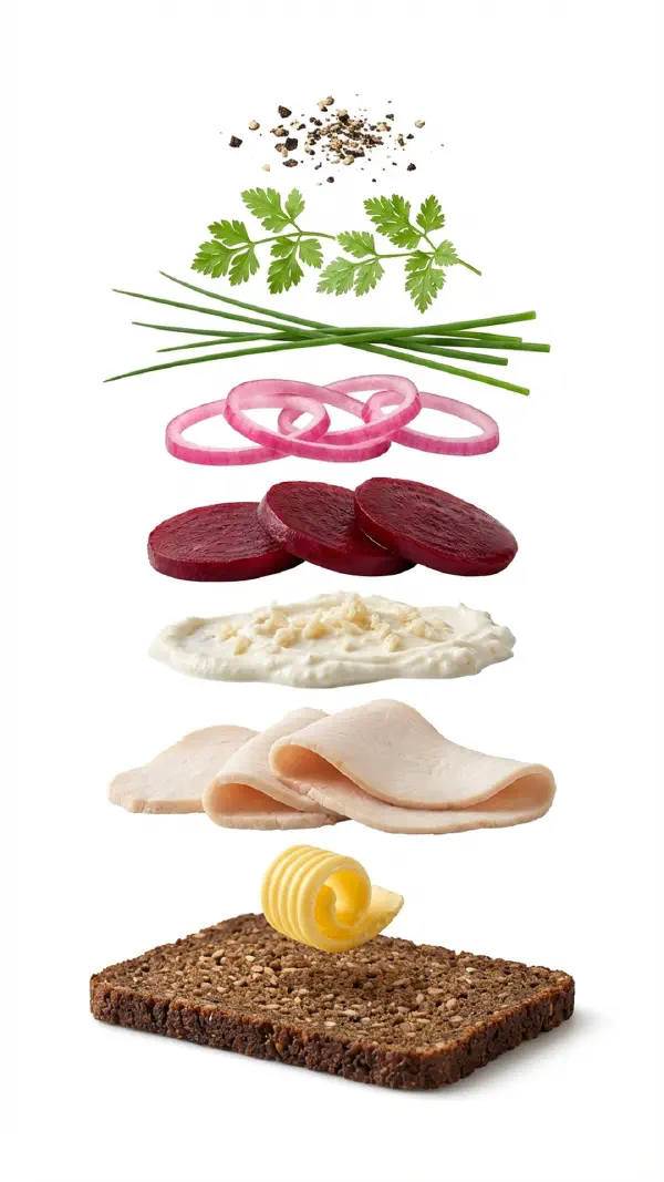 Opbygning af kylling med peberrodscreme og syltede rødbeder © kvalimad.dk