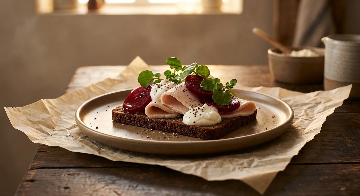 Smørrebrød med kylling, peberrodscreme og syltede rødbeder