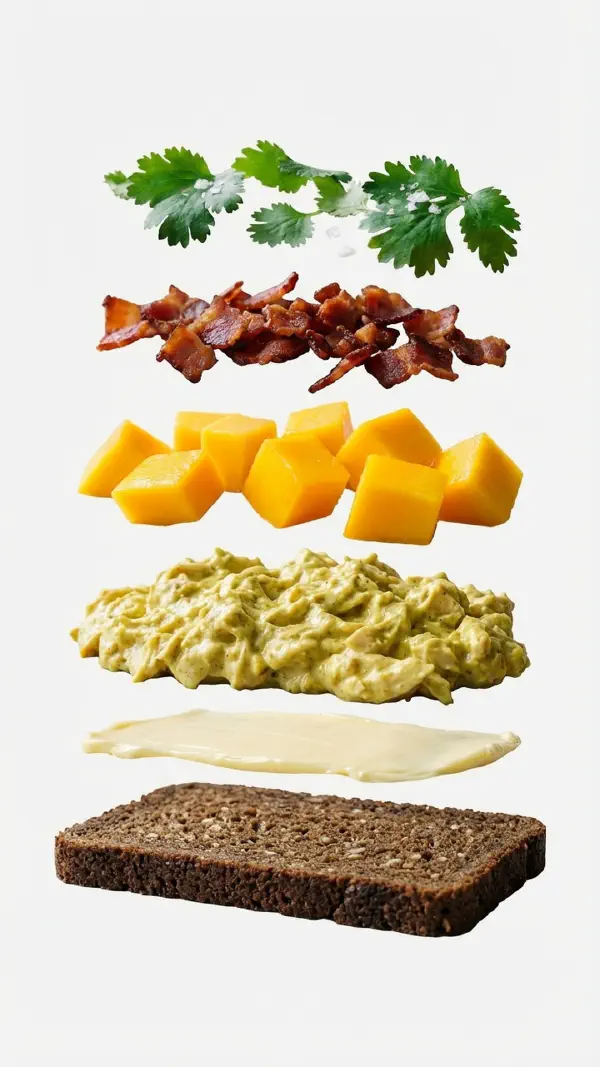 Opbygning af kyllingesalat med karry og mango © kvalimad.dk