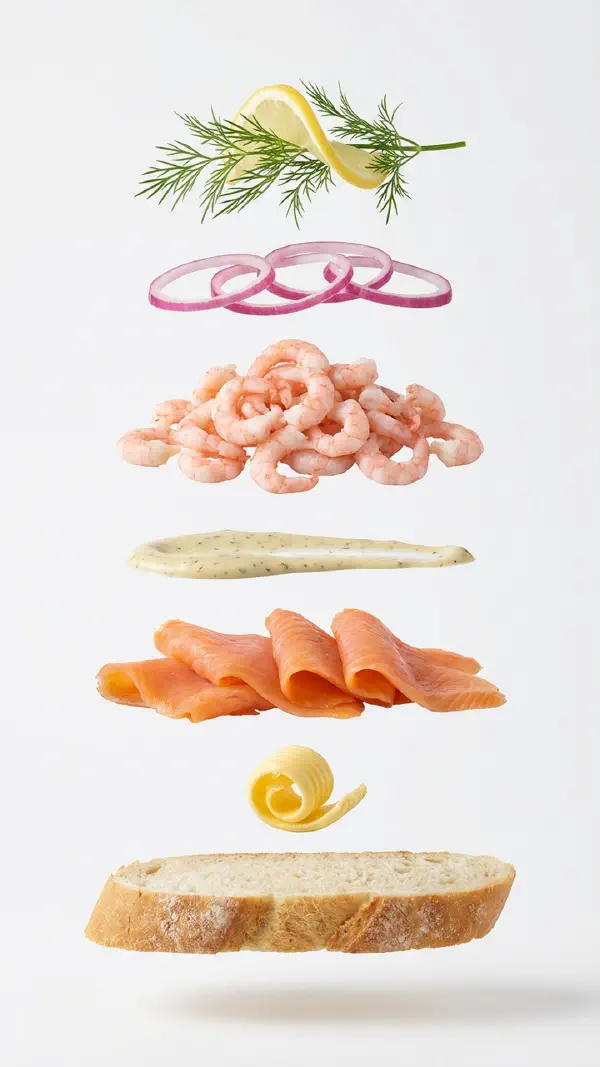 Opbygning af laks og rejer med dild-sennepscreme © kvalimad.dk