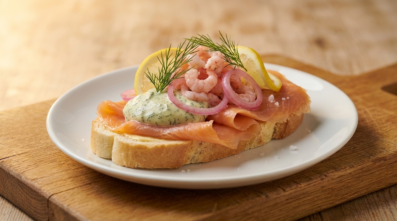 Smørrebrød med laks og rejer, dild-sennepscreme